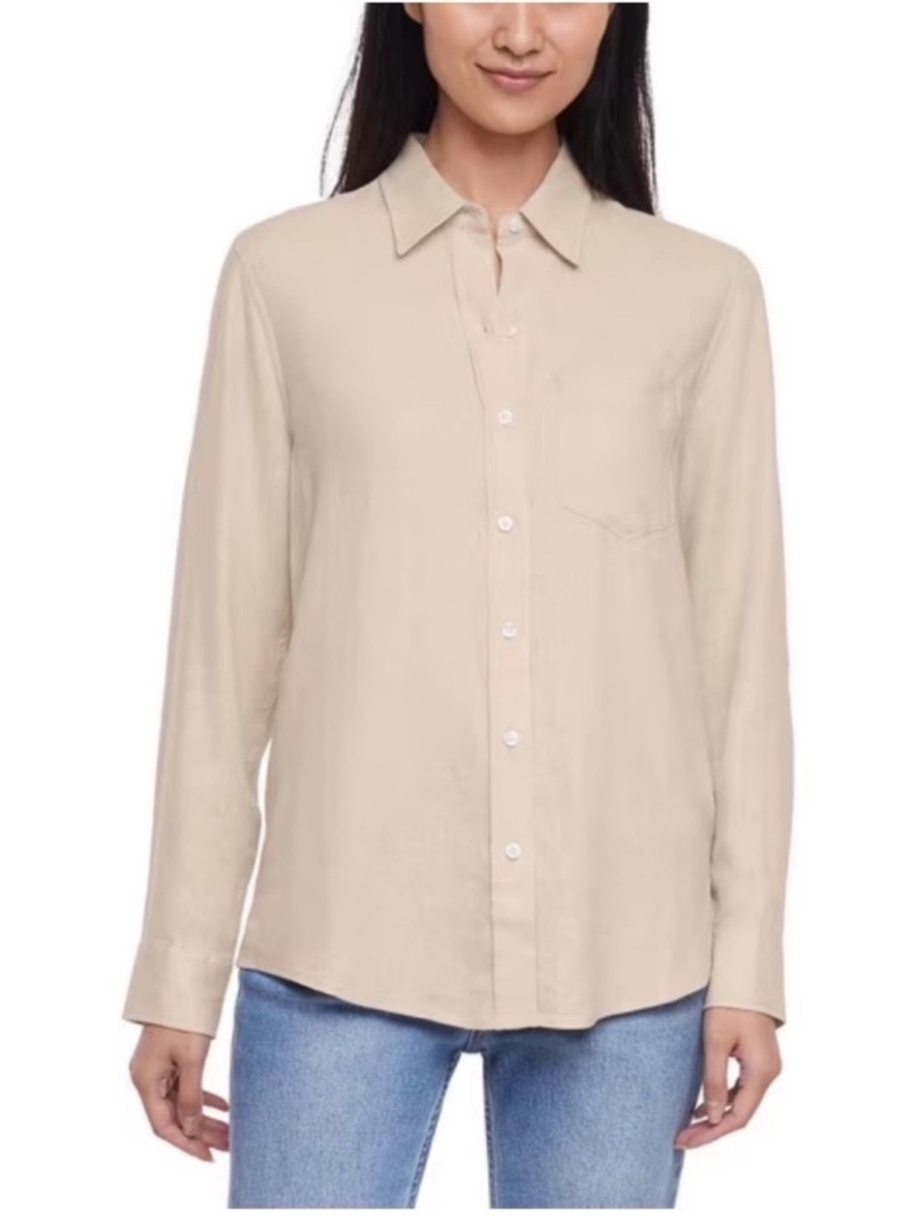 GAP Linen Blend Khaki Button-Front Long Sleeve Shirt